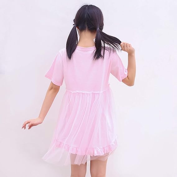 Kawaii Rabbit Graphic T-Shirt Dress White Short Sleeve Tee with Sheer Tulle Skirt with Mesh Overlay